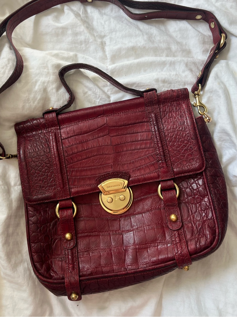 Structured Croc-Embossed Leather Crossbody Bag in Deep Burgundy